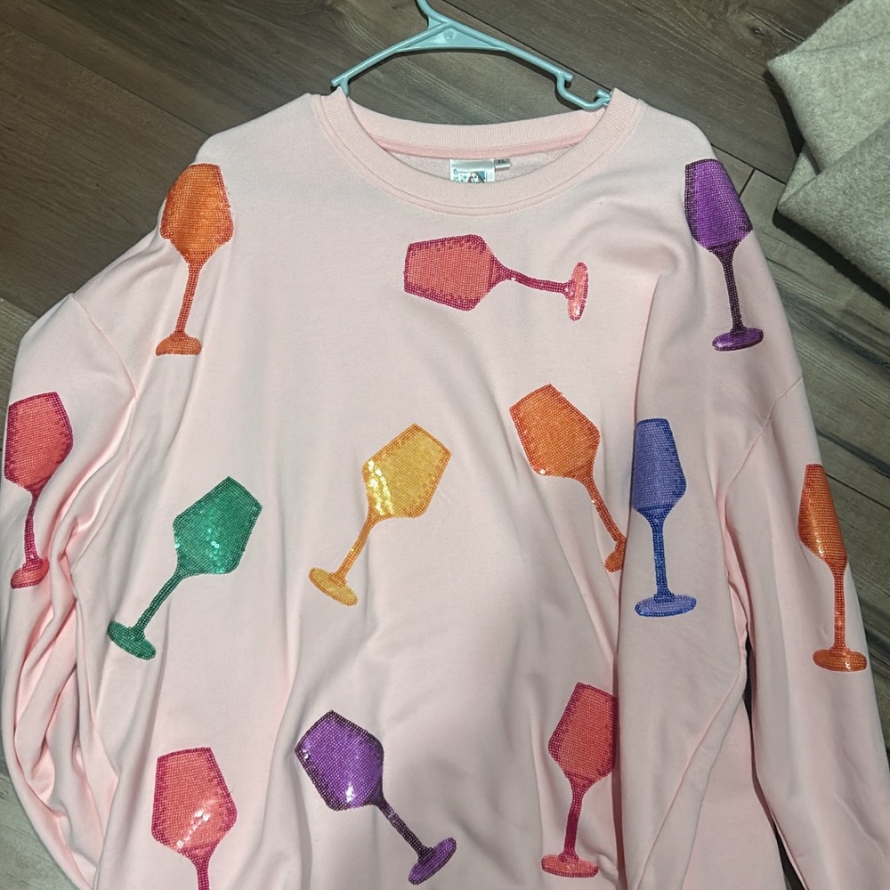 QUEEN OF SPARKLES Pink Sweatshirt with Colorful Wine Glasses